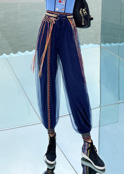 Casual Navy Print Embroideried Elastic Tulle Beam Pants Summer LY0195