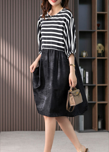 Casual O-Neck Striped Patchwork Silk Maxi Dresses Spring LY1762