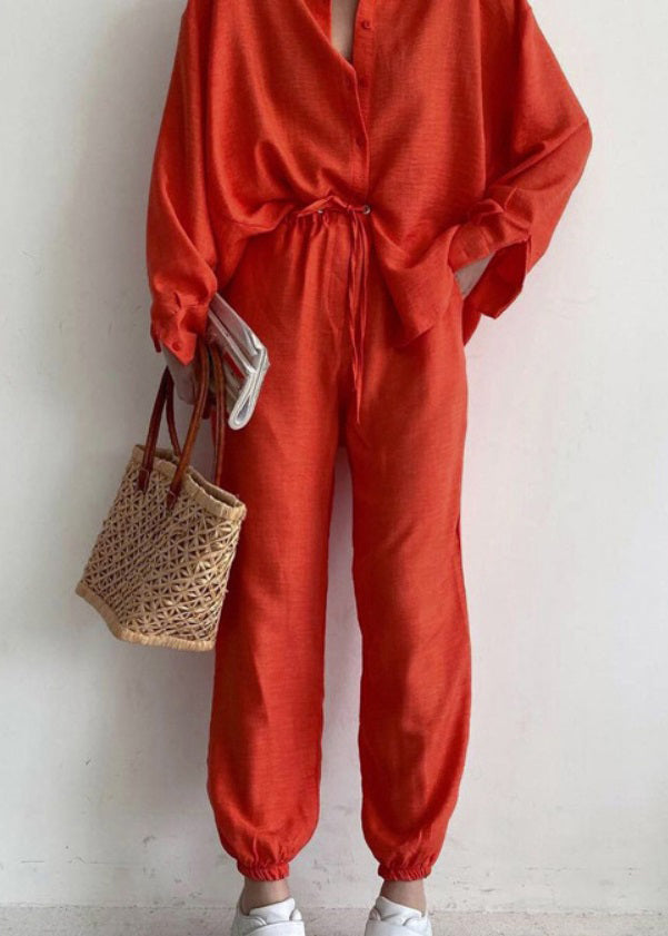 Casual Orange Lapel Button Long Sleeve Shirt Trousers Set LY1940