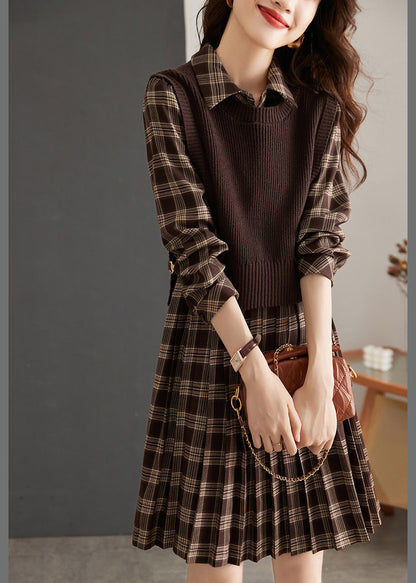 Casual Peter Pan Collar Plaid Knit Waistcoat And Mid DressTwo Pieces Set Spring LY0435