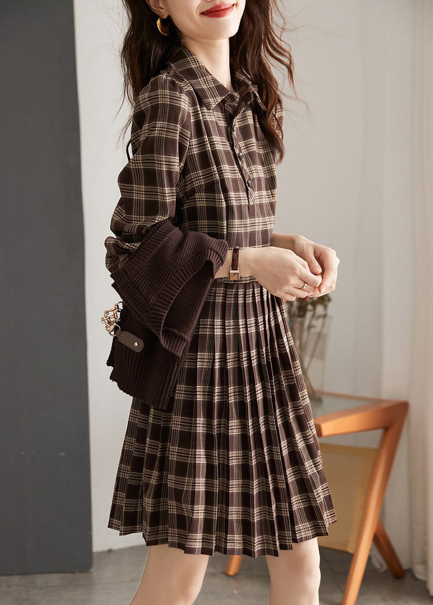 Casual Peter Pan Collar Plaid Knit Waistcoat And Mid DressTwo Pieces Set Spring LY0435