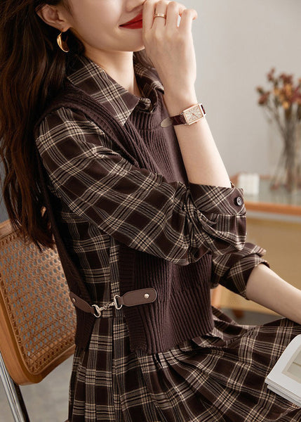 Casual Peter Pan Collar Plaid Knit Waistcoat And Mid DressTwo Pieces Set Spring LY0435