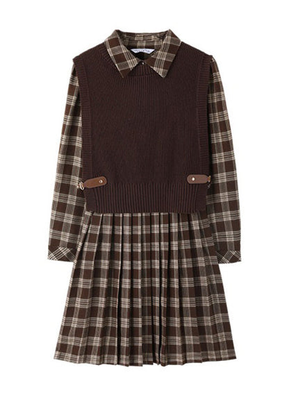 Casual Peter Pan Collar Plaid Knit Waistcoat And Mid DressTwo Pieces Set Spring LY0435