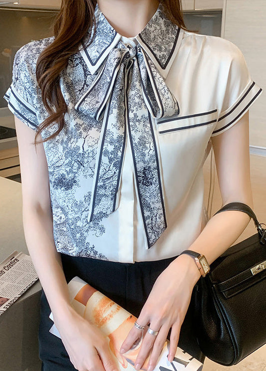 Casual Peter Pan Collar Print Bow Silk Shirts Summer LY0388