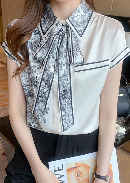 Casual Peter Pan Collar Print Bow Silk Shirts Summer LY0388