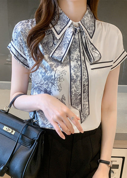 Casual Peter Pan Collar Print Bow Silk Shirts Summer LY0388
