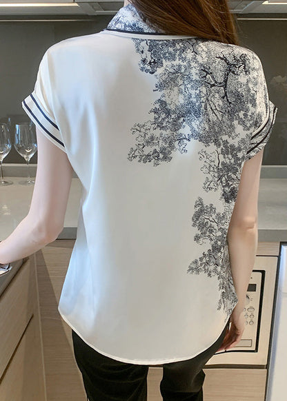 Casual Peter Pan Collar Print Bow Silk Shirts Summer LY0388