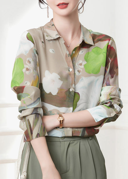 Casual Peter Pan Collar Print Button Silk Shirts Spring LY0398