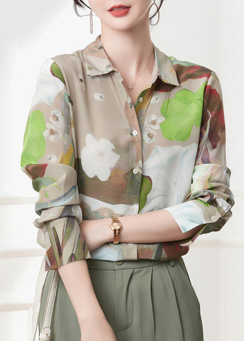 Casual Peter Pan Collar Print Button Silk Shirts Spring LY0398