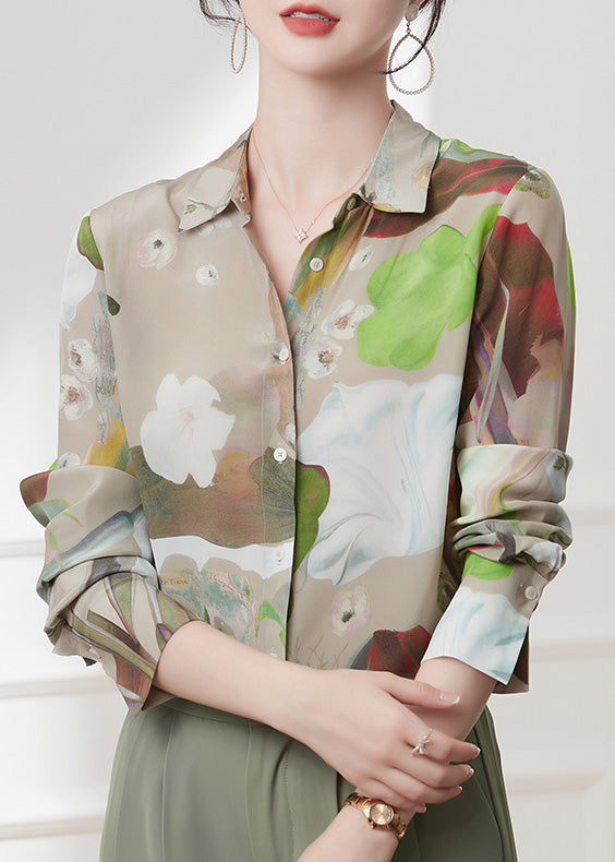 Casual Peter Pan Collar Print Button Silk Shirts Spring LY0398