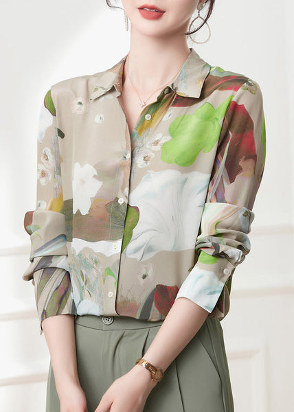 Casual Peter Pan Collar Print Button Silk Shirts Spring LY0398