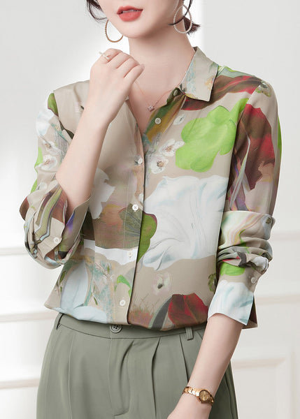 Casual Peter Pan Collar Print Button Silk Shirts Spring LY0398