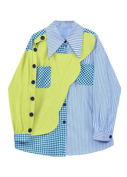 Casual Peter Pan Collar Striped Patchwork Button Shirts Spring LY0753