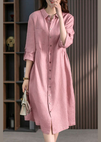 Casual Pink Peter Pan Collar Button Wrinkled Maxi Dresses Long Sleeve LY1739