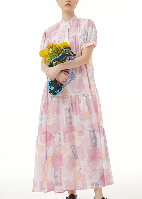 Casual Pink Stand Collar Patchwork Maxi Dress Summer Short Sleeve LY1200