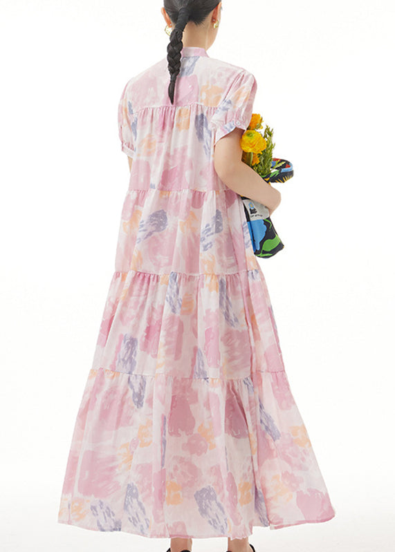 Casual Pink Stand Collar Patchwork Maxi Dress Summer Short Sleeve LY1200