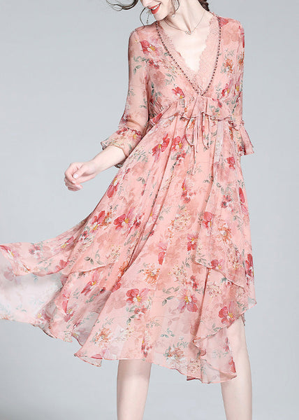 Casual Pink V Neck Print Tie Waist Silk Long Dresses Spring LY0136