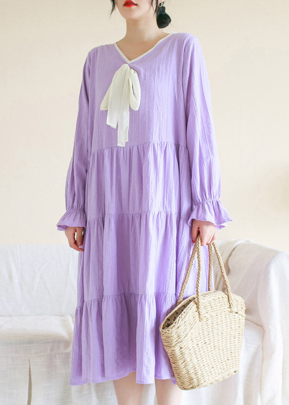 Casual Purple V Neck Patchwork Cotton Maxi Dress Long Sleeve TI1013