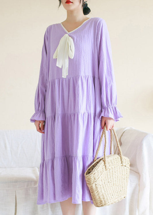 Casual Purple V Neck Patchwork Cotton Maxi Dress Long Sleeve TI1013