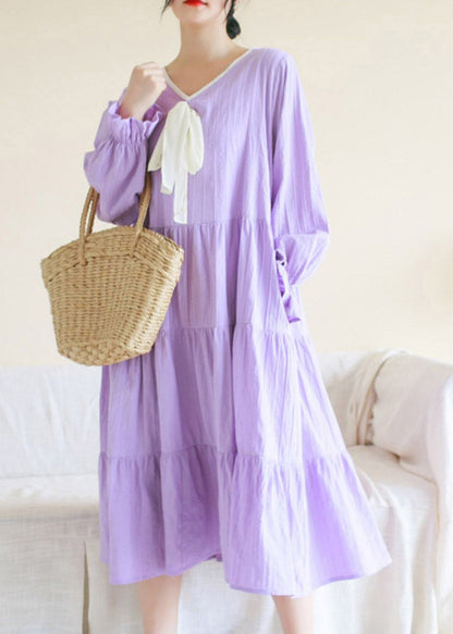 Casual Purple V Neck Patchwork Cotton Maxi Dress Long Sleeve TI1013