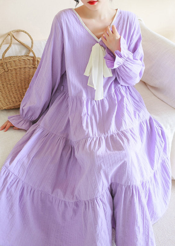 Casual Purple V Neck Patchwork Cotton Maxi Dress Long Sleeve TI1013