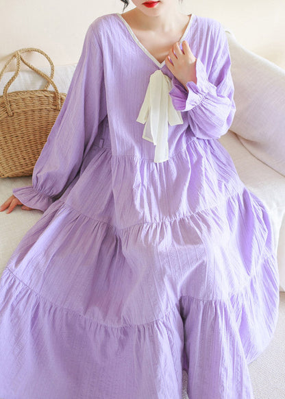 Casual Purple V Neck Patchwork Cotton Maxi Dress Long Sleeve TI1013