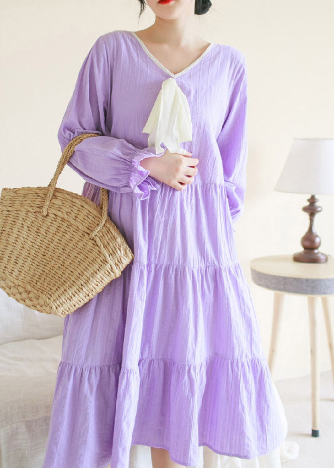 Casual Purple V Neck Patchwork Cotton Maxi Dress Long Sleeve TI1013