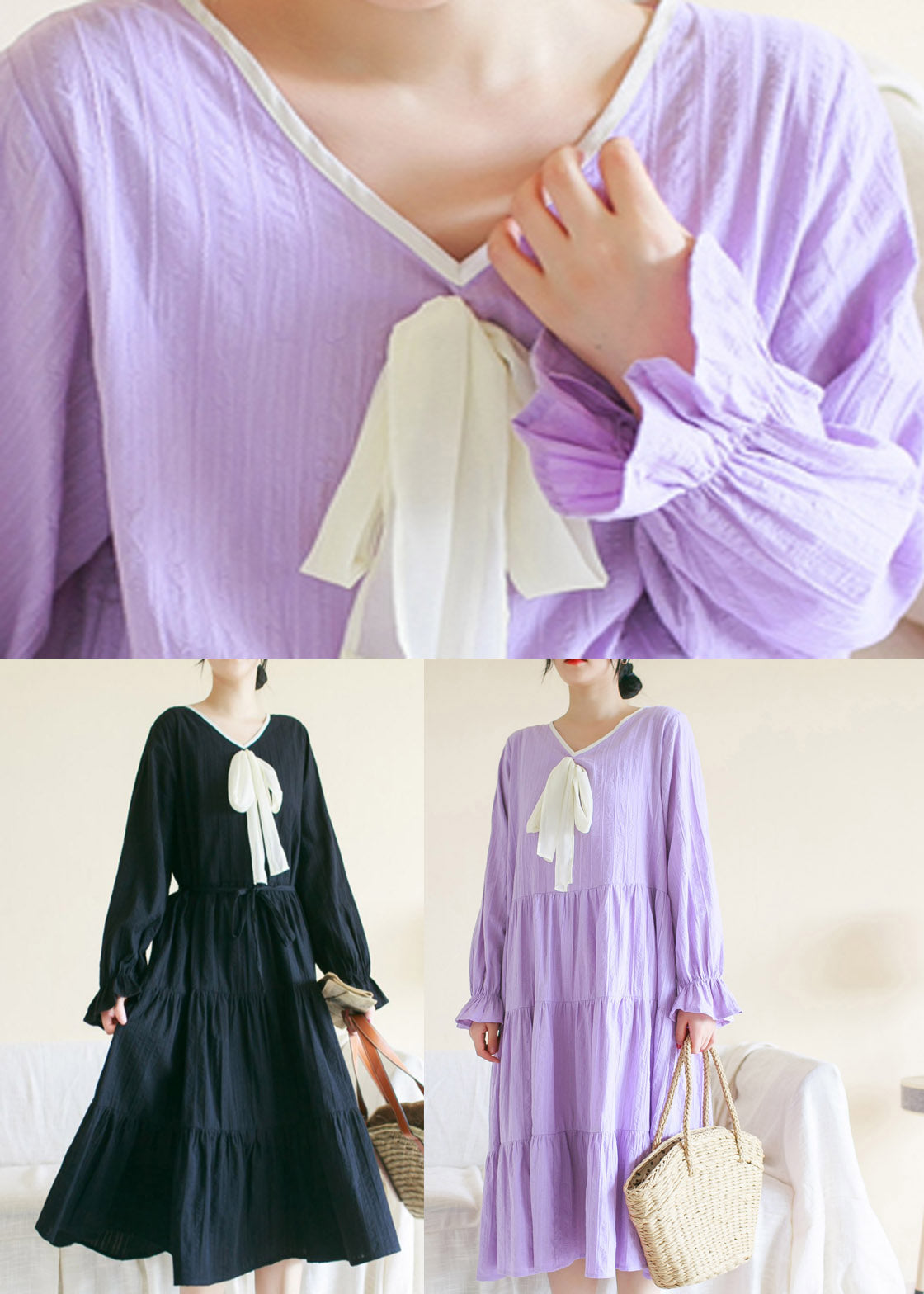 Casual Purple V Neck Patchwork Cotton Maxi Dress Long Sleeve TI1013