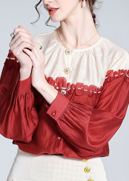 Casual Red O-Neck Patchwork Button Silk Shirt Long Sleeve LY0715