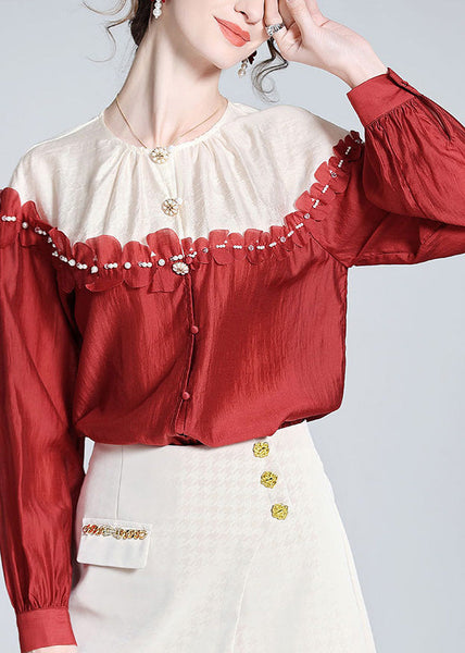 Casual Red O-Neck Patchwork Button Silk Shirt Long Sleeve AC3021