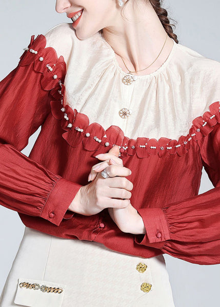 Casual Red O-Neck Patchwork Button Silk Shirt Long Sleeve AC3021