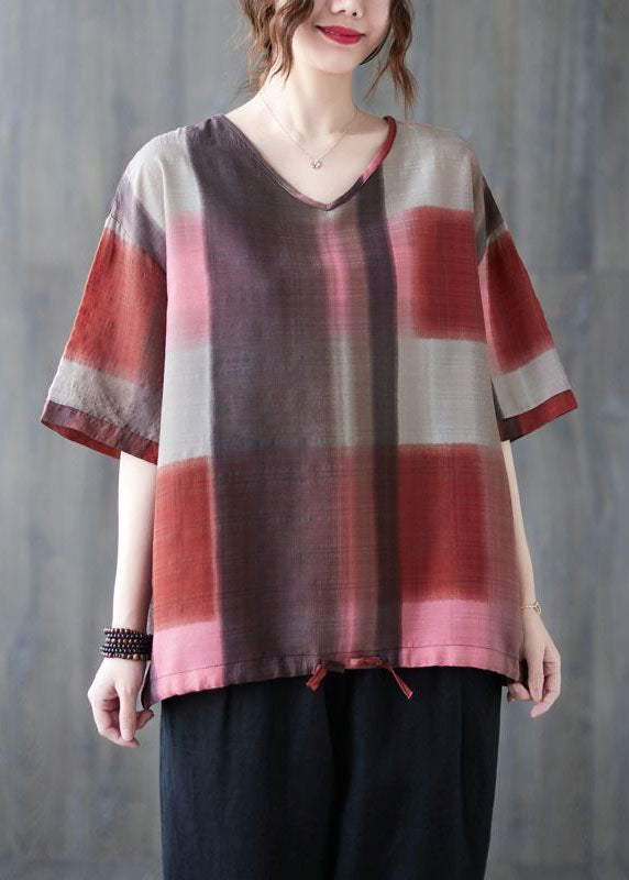 Casual Red Oversized Plaid Linen Tanks Summer FR2009