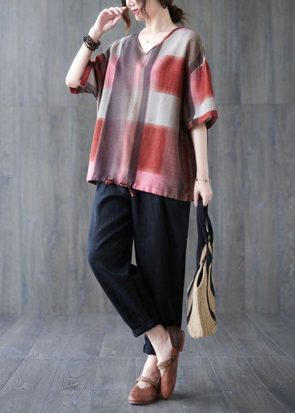 Casual Red Oversized Plaid Linen Tanks Summer FR2009