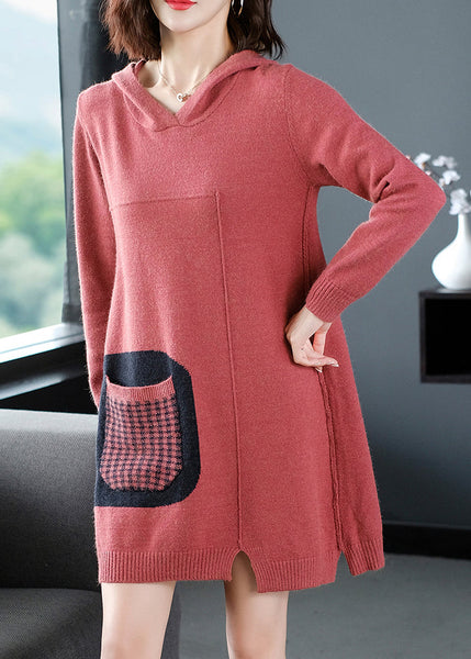 Robe pull à capuche décontractée rouge patchwork en maille de coton HA1011
