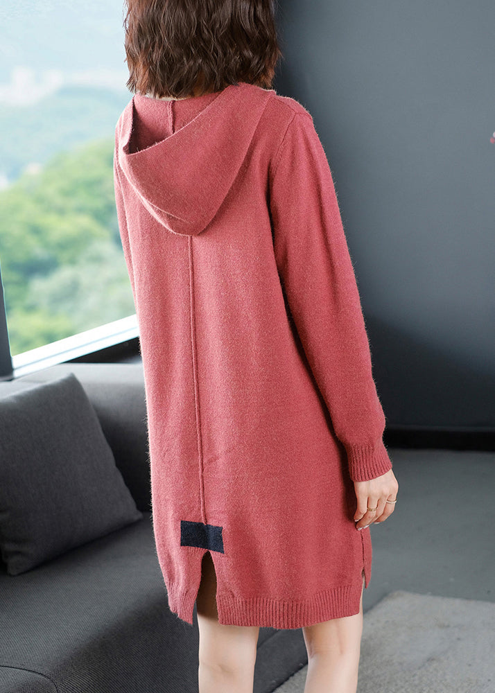 Casual Red Patchwork Knitted Cotton Thread Hooded Sweater Dress Fall HA1011