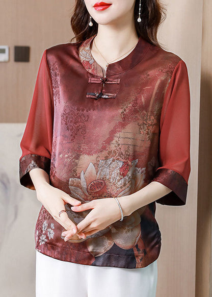 Casual Red Stand Collar Print Patchwork Silk Blouses Summer LY0431