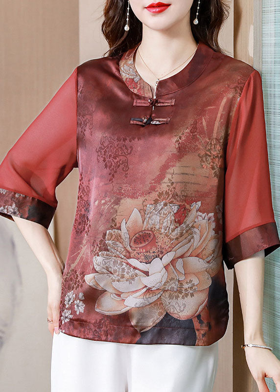 Casual Red Stand Collar Print Patchwork Silk Blouses Summer LY0431