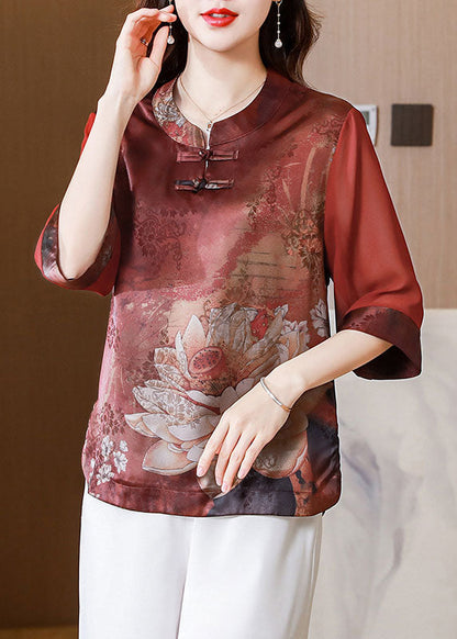 Casual Red Stand Collar Print Patchwork Silk Blouses Summer LY0431