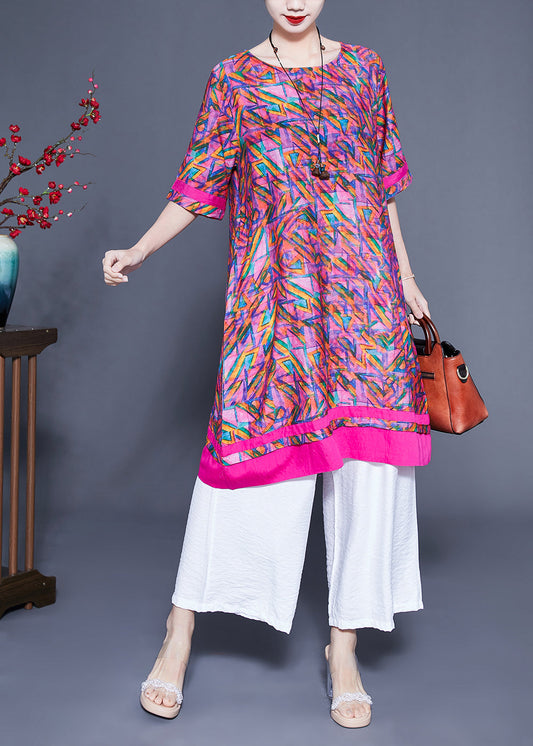 Casual Rose Oversized Print Linen Silk Robe Dresses Summer LC0427