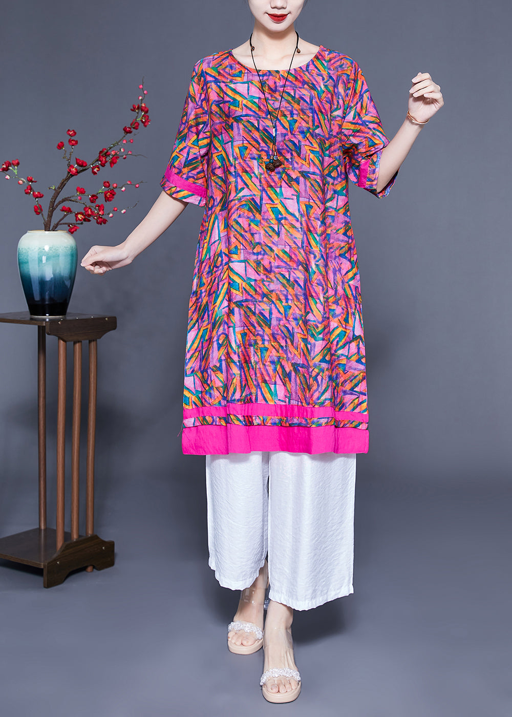 Casual Rose Oversized Print Linen Silk Robe Dresses Summer LC0427