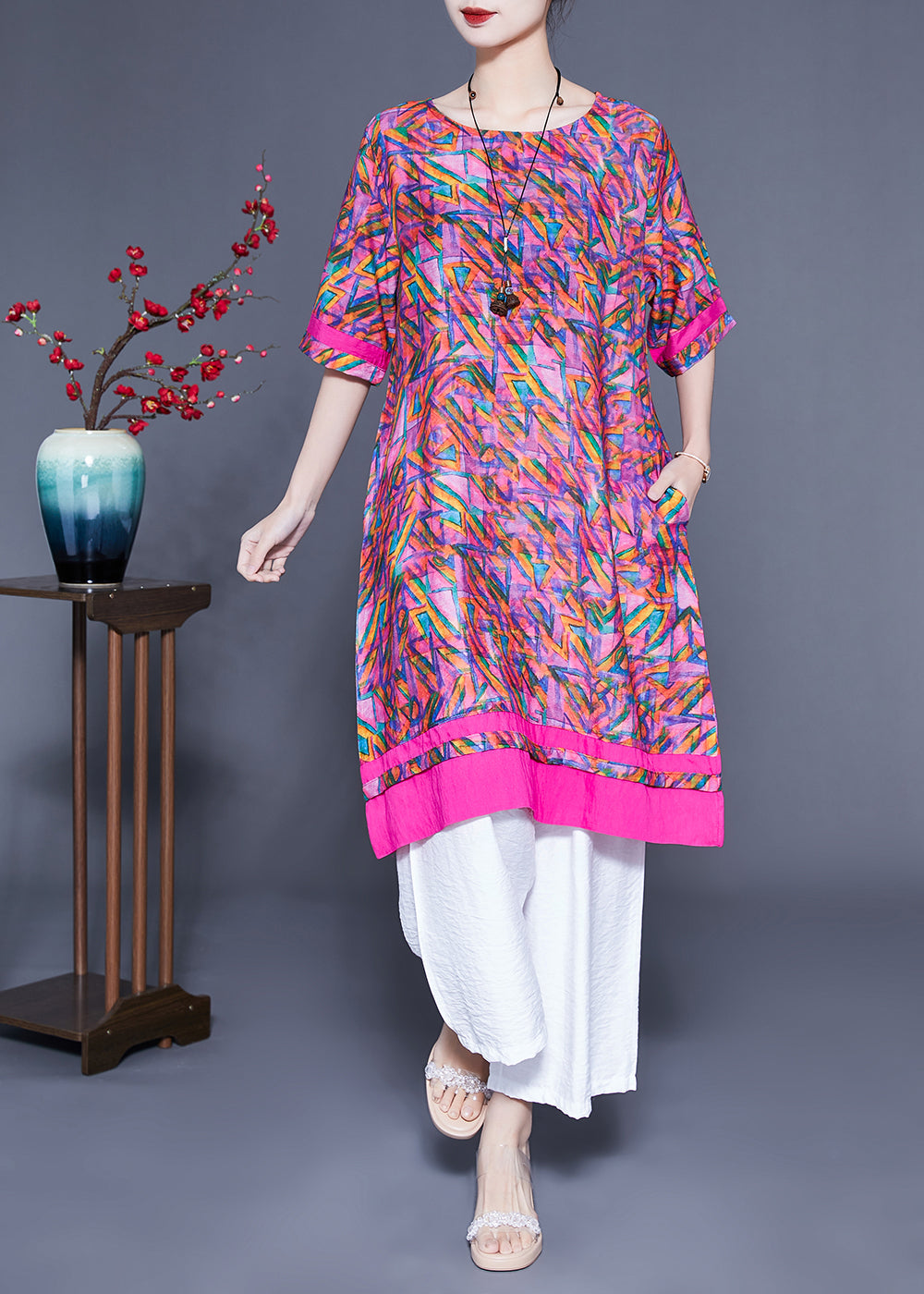 Casual Rose Oversized Print Linen Silk Robe Dresses Summer LC0427