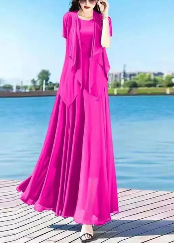 Casual Royalblue O-Neck Chiffon Cardigans And Long Dress Two Pieces Set Summer LY1698