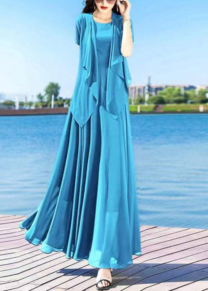 Casual Royalblue O-Neck Chiffon Cardigans And Long Dress Two Pieces Set Summer LY1698