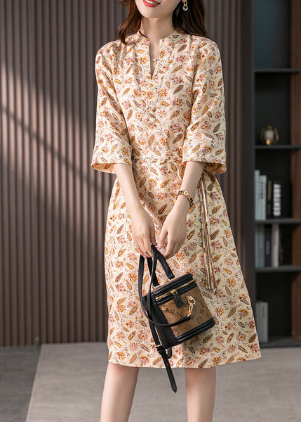 Casual V Neck Print Tie Waist Linen Long Dress Spring LY1734