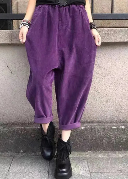 Casual Versatile Black Pockets Elastic Waist Corduroy Pants Fall Ada Fashion
