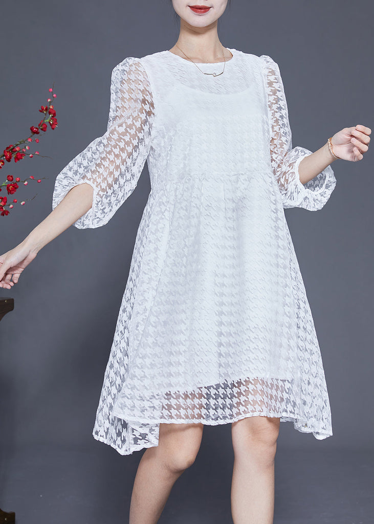 Casual White Hollow Out Exra Large Hem Tulle Maxi Dress Puff Sleeve LY1844