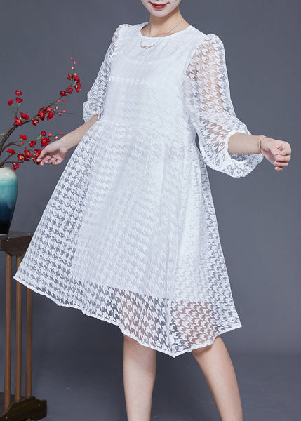 Casual White Hollow Out Exra Large Hem Tulle Maxi Dress Puff Sleeve LY1844