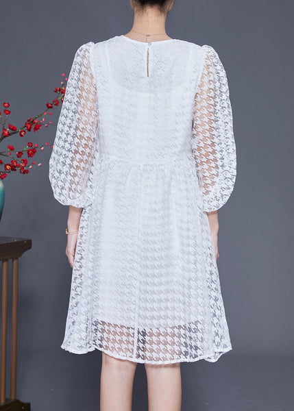 Casual White Hollow Out Exra Large Hem Tulle Maxi Dress Puff Sleeve LY1844