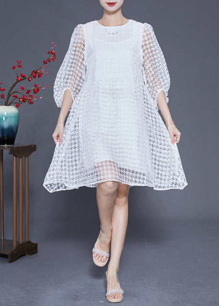 Casual White Hollow Out Exra Large Hem Tulle Maxi Dress Puff Sleeve LY1844