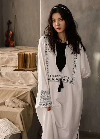 Casual White O-Neck Print Side Open Cotton Long Dress Spring LY1888